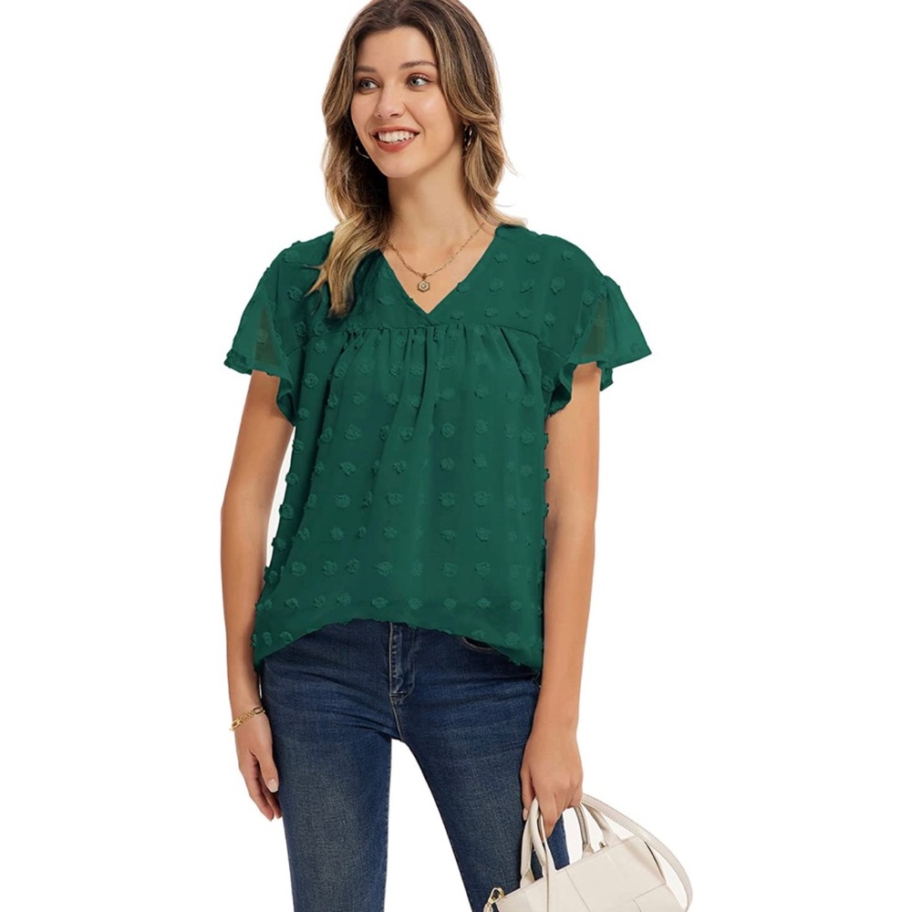 GRACE KARIN Women's Swiss Dot Shirts Chiffon V Neck Short Sleeve Flowy Tops M